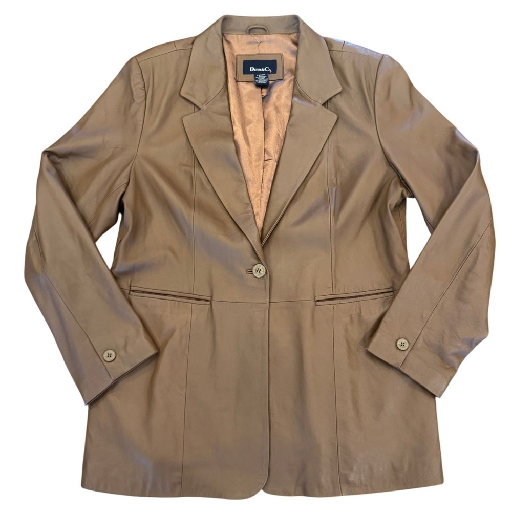 Denim & Co. Tan Genuine Leather Blazer Jacket XL A103448 Single Button Coat